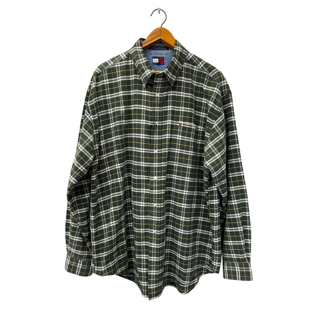 Tommy Hilfiger Shirt Mens XL Green‎ Plaid Button Down Long Sleeve Cotton Burkitt